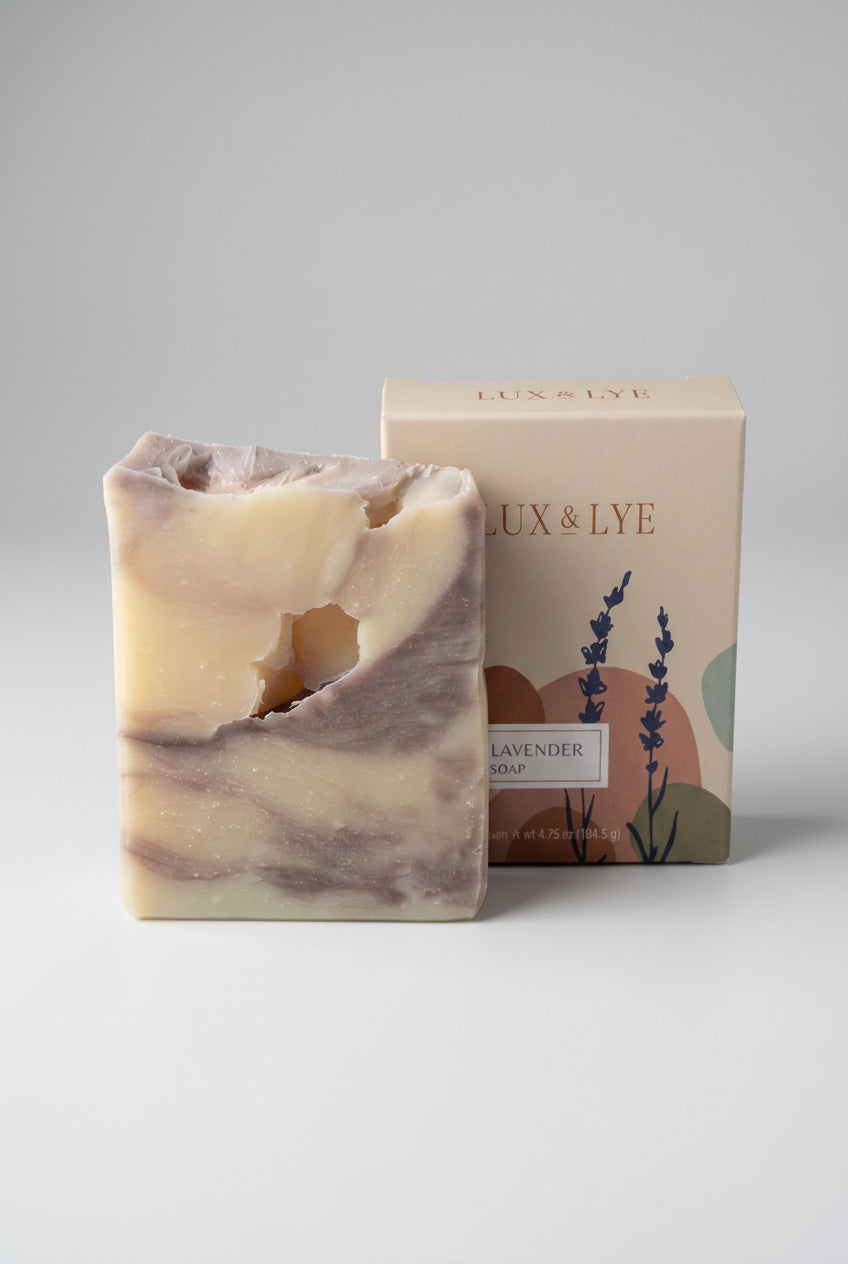 A handmade marbled soap bar with a rustic hole cut out from the top sits on a wooden deck railing next to its paper packaging box, with an outdoor autumn forest background visible through a window behind them